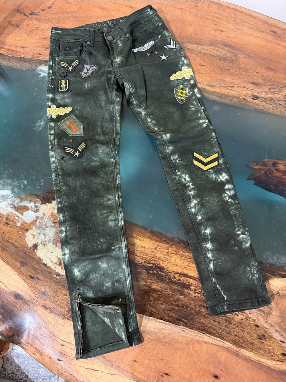 Grace in LA Brand Dark Green Washed Patchwork Jeans